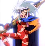  90s artist_request blue_hair gun long_sleeves ryouko_(tenchi_muyou!) solo spiked_hair tenchi_muyou! weapon yellow_eyes 