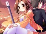  1girl artist_request back-to-back blush braid brown_eyes brown_hair happiness! kamisaka_haruhi kohinata_yuuma long_sleeves ribbon sunset thighhighs white_legwear 