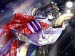  artist_request black_eyes black_hair cherry_blossoms dancing dutch_angle embellished_costume fan folding_fan game_cg japanese_clothes kimono long_hair long_sleeves petals ponytail red_kimono saishuu_shiken_kujira solo stage_lights yukata 