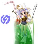  ahoge animal_ears bell bell_collar brown_eyes brown_hair cat_ears cat_tail cherry collar copyright_request cup diving_mask diving_mask_on_head drinking_glass drinking_straw fangs flippers food fruit gloves green_tea ice in_container in_cup jingle_bell long_hair minigirl nananana_nanana one-piece_swimsuit school_swimsuit smile snorkel solo spoon swimsuit tail tea white_gloves 