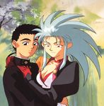  1girl 90s artist_request black_hair brown_eyes couple hetero hug long_sleeves masaki_tenchi ryouko_(tenchi_muyou!) silver_hair spiked_hair tenchi_muyou! yellow_eyes 