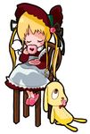  artist_request blonde_hair blush_stickers bonnet chair closed_eyes cup dress kunkun long_hair long_sleeves lowres mug pink_footwear rozen_maiden saucer shinku sitting slippers solo twintails white_background 