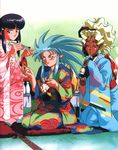  90s artist_request blonde_hair blue_hair highres japanese_clothes kimono kuramitsu_mihoshi long_sleeves masaki_aeka_jurai multiple_girls purple_hair red_eyes ribbon_bangs ryouko_(tenchi_muyou!) spiked_hair tenchi_muyou! yellow_eyes 