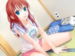  amanatsu ayase_mao blue_eyes game_cg ginta red_hair shorts sitting smile solo towel 