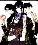  2boys bangs black_hair blunt_bangs breasts clamp cleavage doumeki_shizuka dress glasses gloves highres hime_cut ichihara_yuuko jewelry large_breasts lipstick long_hair long_sleeves makeup multiple_boys necklace red_eyes watanuki_kimihiro xxxholic 