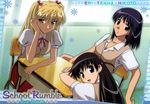  :d artist_request bangs black_hair blonde_hair brown_eyes chair character_name copyright_name desk grey_eyes head_rest long_hair looking_at_viewer multiple_girls one_side_up open_mouth sawachika_eri school_chair school_desk school_rumble school_uniform short_hair short_sleeves sitting smile suou_mikoto tsukamoto_tenma twintails two_side_up vest 