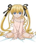  alternate_costume artist_request bangs barefoot bed_sheet black_ribbon blonde_hair blue_eyes collarbone doll_joints drill_hair full_body hair_ribbon jpeg_artifacts long_hair long_sleeves no_pants off_shoulder parted_lips ribbon rozen_maiden shinku sidelocks sitting sleeves_past_wrists solo sweater twin_drills twintails very_long_hair wariza 