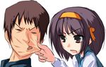  1girl brown_hair cheek_pinching kita_high_school_uniform kyon negy pinching school_uniform short_hair suzumiya_haruhi suzumiya_haruhi_no_yuuutsu 