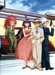  3girls 90s artist_request black_hair blue_hair brown_eyes car dress formal green_eyes ground_vehicle gun hair_pulled_back hairband hakubi_washuu handgun hands_in_pockets hat highres left-hand_drive long_sleeves looking_at_viewer masaki_aeka_jurai masaki_tenchi motor_vehicle multiple_girls necktie on_vehicle pinstripe_pattern pistol plaid plaid_dress purple_hair red_eyes red_footwear red_hair ryouko_(tenchi_muyou!) scan shoes sitting spiked_hair striped suit tenchi_muyou! trigger_discipline vertical_stripes weapon white_suit yellow_eyes 