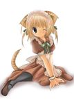  animal_ears blonde_hair cat_ears green_eyes maid nanase_miori one_eye_closed original pantyhose solo tail 