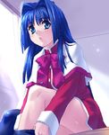  blue_eyes capelet curtains dressing kanon lips long_sleeves looking_at_viewer minase_nayuki oekaki parted_lips red_skirt room school_uniform single_thighhigh sitting skirt solo thighhighs thighs white_capelet zen 