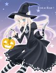  animal_ears black_dress blue_background blue_eyes cat_ears dress ears_through_headwear gradient gradient_background halloween hat jack-o'-lantern koshikawa_guu long_sleeves original pantyhose pink_background pumpkin solo striped striped_legwear trick_or_treat witch_hat 