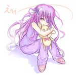  artist_request barasuishou flower flower_eyepatch full_body hair_flower hair_ornament kunkun long_hair looking_at_viewer pajamas pants purple_hair purple_pants purple_shirt rozen_maiden shirt shoes simple_background sitting solo stuffed_animal stuffed_toy two_side_up white_background yellow_eyes 