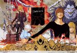  4boys amane_misa death_note death_note_(object) fur_trim jacket long_sleeves mello multiple_boys near obata_takeshi official_art ryuk yagami_light 