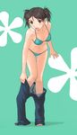  barefoot bikini black_eyes black_hair imo_works kimi_kiss kuryuu_megumi looking_at_viewer open_mouth solo swimsuit undressing 