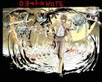  bandages black_eyes bone brown_hair death_note duplicate flying full_body jacket long_sleeves looking_at_viewer male_focus necktie obata_takeshi pants poster rem_(death_note) ribs ryuk school_uniform scythe serious shinigami shirt skull walking wind yagami_light 