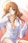  aikagi blush breasts brown_hair cleavage hazuki_ayane highres long_sleeves medium_breasts nightshirt no_bra one_eye_closed purple_eyes shirt solo suzuhira_hiro white_shirt 