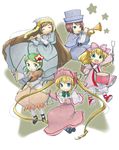  artist_request blonde_hair bow drum flute green_hair hina_ichigo instrument kanaria long_sleeves multiple_girls pink_bow rozen_maiden shinku siblings simple_background sisters souseiseki star suiseiseki triangle_(instrument) trumpet twins violin white_background 