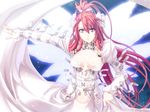  belt breasts corset dress flower game_cg ignis jingai_makyou large_breasts long_hair nishii_(nitroplus) purple_eyes red_hair rose solo wedding_dress wings 