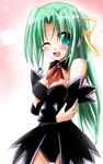  angel_mort aqua_eyes bare_shoulders green_hair hair_ribbon higurashi_no_naku_koro_ni long_hair one_eye_closed open_mouth otoki_raku ribbon solo sonozaki_shion waitress 