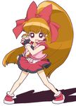  akazutsumi_momoko artist_request black_gloves bow brown_hair earrings fingerless_gloves gloves hyper_blossom jewelry long_hair looking_at_viewer open_mouth ponytail powerpuff_girls_z red_bow red_eyes red_footwear red_skirt shoes skirt solo standing very_long_hair 