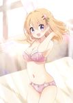  1girl :d bangs bare_arms bare_shoulders bed_sheet blonde_hair blush bow bow_bra bow_panties bra breasts cleavage collarbone commentary_request cowboy_shot curtains day eyebrows_visible_through_hair fingernails gochuumon_wa_usagi_desu_ka? hair_between_eyes hair_ornament hairclip hands_in_hair hands_up hoto_cocoa indoors long_hair looking_at_viewer massala medium_breasts navel open_mouth panties pink_bra pink_panties purple_eyes smile solo standing stomach sunlight underwear underwear_only window 