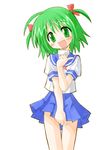  :d blush bow character_request copyright_request green_eyes green_hair hair_ribbon happy open_mouth pleated_skirt ribbon school_uniform short_hair short_twintails skirt smile solo suka twintails 