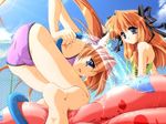  artist_request ass bent_over blue_eyes casual_one-piece_swimsuit chain-link_fence fence game_cg hair_ribbon hose light_rays multiple_girls niji_no_kanata_ni one-piece_swimsuit orange_hair ribbon sunbeam sunlight swimsuit trefoil twintails wading_pool 