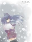 artist_request blue_hair character_name closed_mouth copyright_name expressionless kanon long_hair looking_away minase_nayuki school_uniform snow snowing solo thighhighs wind zettai_ryouiki 