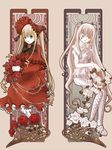  art_nouveau bangs basket blonde_hair blue_eyes bonnet boots bouquet bow bowtie capelet cross-laced_footwear dress flower hair_flower hair_ornament invisible_chair kirakishou knee_boots linjara long_hair long_sleeves looking_at_viewer multiple_girls plant red_dress red_flower red_rose rose rozen_maiden shinku sidelocks sitting skirt twintails two_side_up very_long_hair vines white_flower white_footwear white_rose white_skirt 