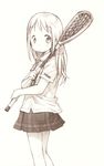  ana_coppola barasui brown highres ichigo_mashimaro lacrosse long_hair monochrome non-web_source plaid plaid_skirt skirt solo 