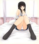  bed black_eyes black_hair black_legwear bra futami_eriko kibina_high_school_uniform kimi_kiss lingerie long_hair panties pantyshot ryp school_uniform socks solo underwear undressing white_bra white_panties 