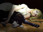  artist_request blonde_hair blue_eyes den_(fma) dog dress earrings fullmetal_alchemist jewelry long_hair lying prosthesis solo wallpaper winry_rockbell 