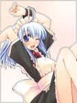  :d arms_up blue_eyes blue_hair blush copyright_request jirou_(chekoro) maid one_eye_closed open_mouth smile solo 