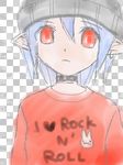  artist_request beanie blue_hair bunny choker earrings hat jewelry lowres oekaki original pleinair pointy_ears punk red_eyes solo usagi-san 