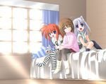  bed black_legwear long_sleeves lyrical_nanoha mahou_shoujo_lyrical_nanoha mahou_shoujo_lyrical_nanoha_a's multiple_girls pantyhose reinforce_zwei shirt socks striped striped_legwear sumeragi_kou t-shirt thighhighs vita yagami_hayate 