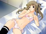  argonauts bed black_legwear bow bow_bra bow_panties bra brown_hair chise_(argonauts) game_cg hair_ribbon lace lace-trimmed_panties lingerie lying mibu_natsuki panties pillow pink_panties purple_eyes ribbon side-tie_panties single_thighhigh solo thighhighs twintails underwear underwear_only white_bra white_panties 