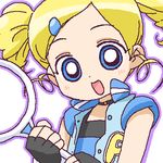  :d artist_request blonde_hair blue_eyes bubble_wand choker drill_hair fingerless_gloves gloves goutokuji_miyako hair_ornament hairclip looking_at_viewer lowres oekaki open_mouth outline oversized_object powerpuff_girls_z rolling_bubbles sidelocks smile solo twin_drills upper_body vest 