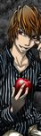  apple artist_request death_note food fruit holding holding_food holding_fruit long_sleeves male_focus red_eyes solo yagami_light 