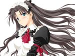  black_hair blush cravat fate/stay_night fate_(series) green_eyes jewelry long_hair long_sleeves maid maid_headdress pin.x puffy_sleeves ribbon simple_background solo sweatdrop toosaka_rin two_side_up upper_body white_background 