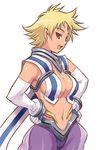  blonde_hair breasts cleavage cowboy_shot elbow_gloves gloves hands_on_hips large_breasts maruto! maya_bryce my-otome navel open_mouth pointy_ears short_hair simple_background solo white_background 