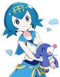  1girl blue blue_eyes blue_hair carrying closed_mouth collarbone creatures_(company) game_freak gen_7_pokemon hairband ixy looking_at_viewer nintendo pokemon pokemon_(creature) pokemon_(game) pokemon_sm popplio short_hair smile solo suiren_(pokemon) swimsuit swimsuit_under_clothes 
