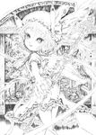  cowboy_shot crazy_eyes dress flandre_scarlet greyscale hat katzeh looking_at_viewer mob_cap monochrome solo standing touhou wide-eyed wings 