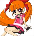  akazutsumi_momoko artist_request bare_shoulders belt belt_buckle black_gloves blush bracelet buckle buttons choker comic dress earrings fingerless_gloves gloves hyper_blossom jewelry looking_at_viewer lowres open_clothes open_vest pink_dress powerpuff_girls_z red_eyes simple_background solo unbuttoned vest white_background 