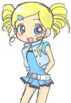  :d arms_behind_back artist_request belt blonde_hair blue_eyes cowboy_shot dress drill_hair earrings goutokuji_miyako hair_ornament hairclip jewelry lowres oekaki open_mouth powerpuff_girls_z rolling_bubbles short_dress sidelocks simple_background smile solo twin_drills vest white_background 