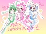  akazutsumi_momoko artist_request bangs bare_legs blonde_hair blue_dress dress drill_hair full_body goutokuji_miyako gradient gradient_background green_dress green_hair hair_ornament hairclip hyper_blossom looking_at_viewer matsubara_kaoru multiple_girls powered_buttercup powerpuff_girls_z red_dress red_hair rolling_bubbles short_hair short_twintails swept_bangs twintails two-tone_background 