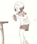  barasui brown glasses highres ichigo_mashimaro monochrome non-web_source paddle sakuragi_matsuri short_hair shorts solo sweat table_tennis table_tennis_paddle 