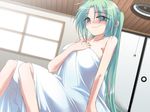  bare_shoulders blush fujitaka_(akasora) green_eyes green_hair higurashi_no_naku_koro_ni long_hair looking_at_viewer naked_sheet ponytail smile solo sonozaki_mion 