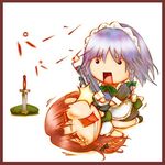  artist_request braid chibi drooling hat hat_removed headwear_removed hong_meiling izayoi_sakuya knife long_sleeves lowres multiple_girls open_mouth planted_sword planted_weapon saliva sitting sitting_on_person slapping sword touhou twin_braids weapon 