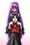  black_hair blindfold carrying cea_se chibi fate/stay_night fate_(series) long_hair multiple_girls purple_hair rider shoulder_carry skirt tears thighhighs toosaka_rin turtleneck very_long_hair 